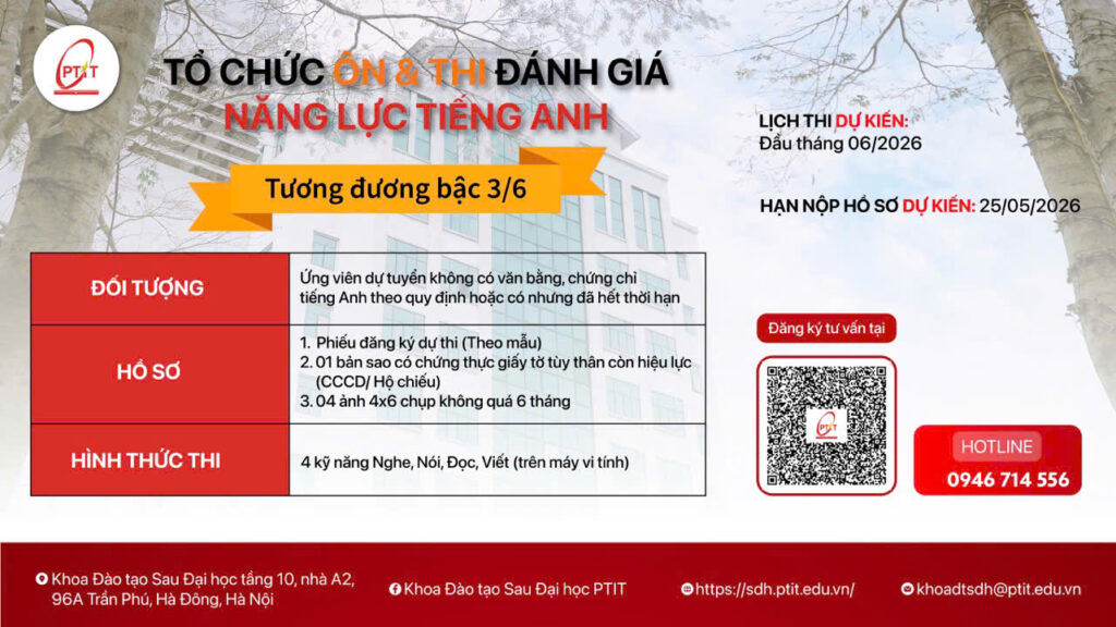 Banner thong bao on tap va thi danh gia nang luc tieng anh dau vao thac si 2026 Hoc vien PTIT